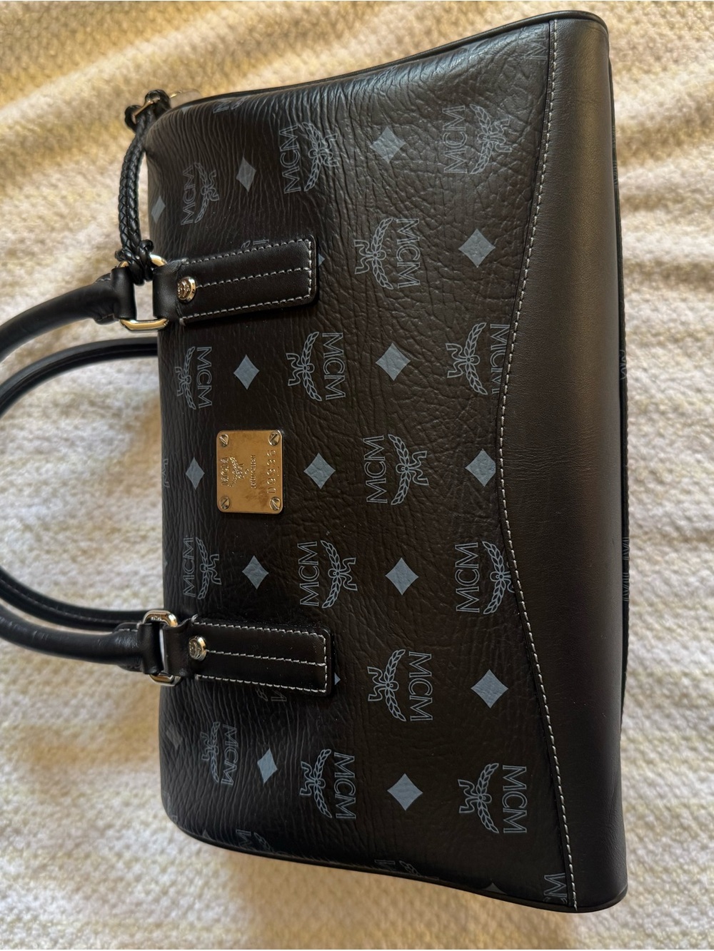 MCM Black Visetos Satchel with Gold Plaque
(Limited Edition)
